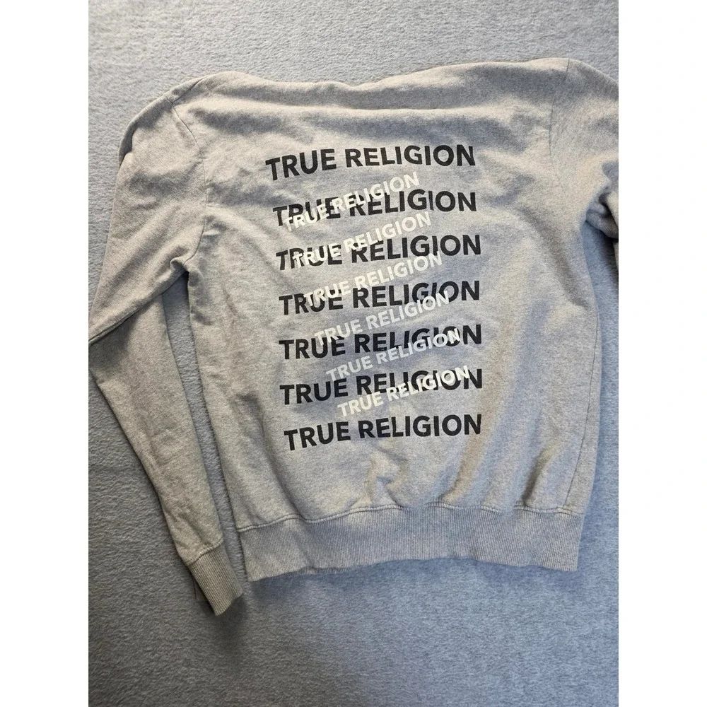 True Religion Mens‎ Hoodie Gray Stacked Logo Graphic Pullover Sweatshirt Medium
